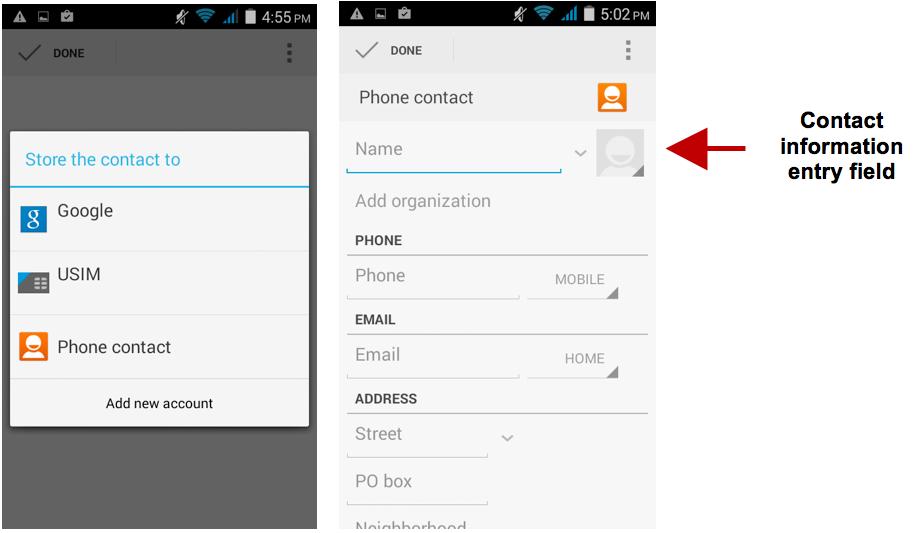 Import / Export Contacts Click the add contact icon (+) to add contact. Select to save your contacts to your Google account, the phone or the SIM card.