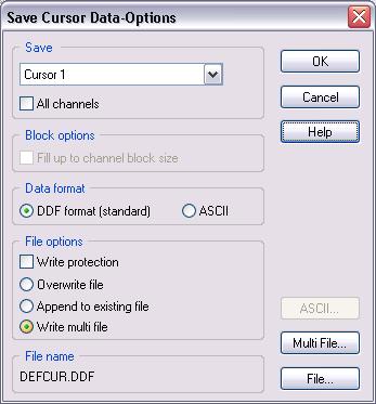 Saving cursor data Store cursor data to a file DASYLab Techniques: Using Cursors in the Chart Display Windows Use the Survey menu Save Cursor Data Options to specify which information you want
