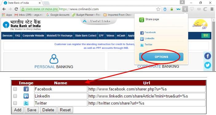 A Share Page dialog will appear as a drop-down. It contains shortcut links to share the web page through your Facebook, LinkedIn and Twitter accounts by default.
