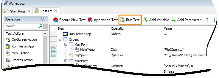 30 Testing Desktop Applications To run the recorded test, simply click Run Test on the test editor toolbar: The test engine will minimize TestComplete window and start executing the test commands.