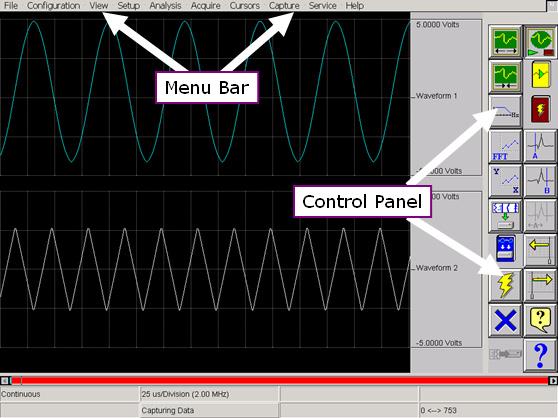 4. MENUS & ICONS Dash HF screen highlighting the Menu Bar and Control Panel MENU BAR The menu bar is a group of drop-down menus located across the top of the display.