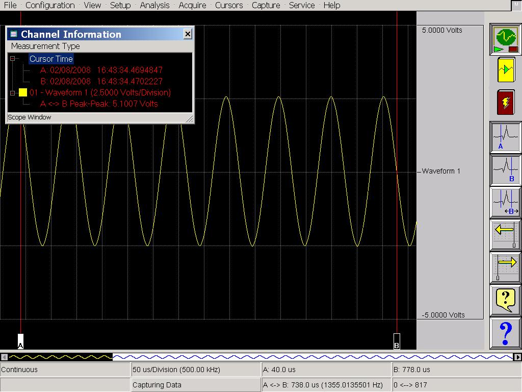 Check the signal Frequency Peak to Peak Measurement using Cursors and the Channel Information Window Choose Setup >> Amplifier Channel Settings (Analog Channel Setup) from the menu bar, press the