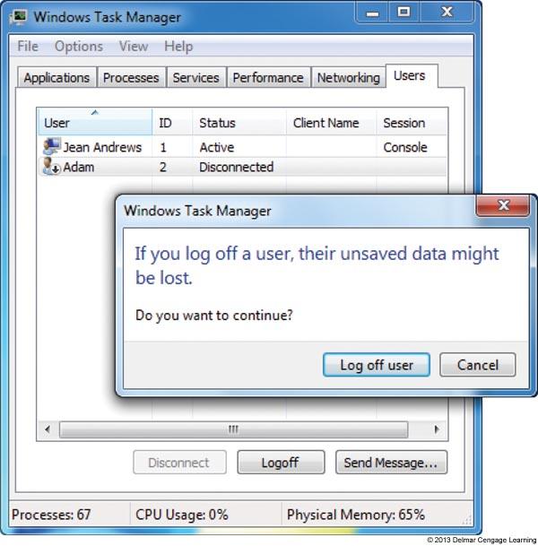 Users Tab Task Manager Shows all users currently logged on Log off user