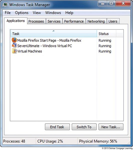 Applications Tab Task Manager States: running or not responding End task button at bottom of the