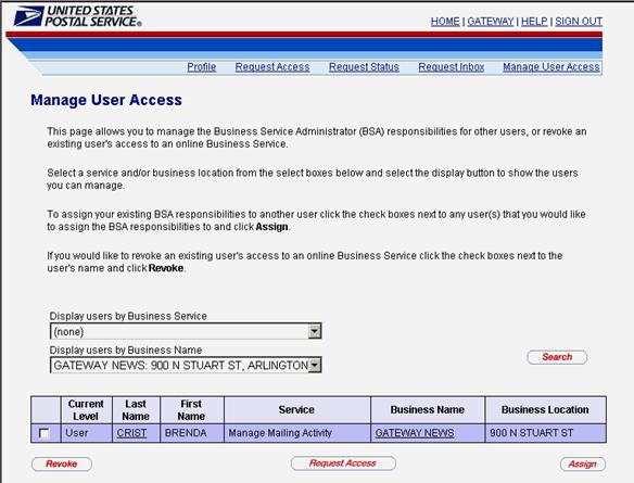 Business Services Administrator Manage User Access Assign BSA Role Search results display