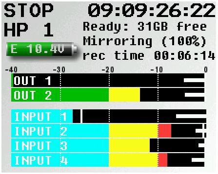 The color of the left half of the meter indicates the source type being metered: Light blue is an input Green is an output bus Purple is a recorded track