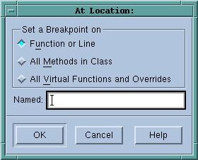 Function or Line: lets you set a line number or a function name. This choice is what occurred in previous TVD releases. All Methods in Class: lets you set a breakpoint on all methods in a class.