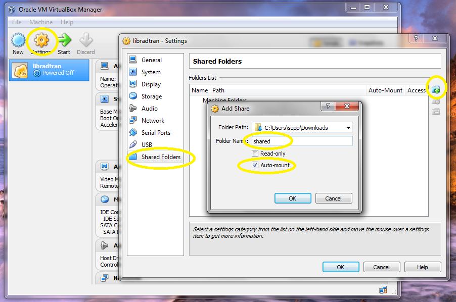 Step 7) Add a shared folder for data exchange between the virtual machine and your system.