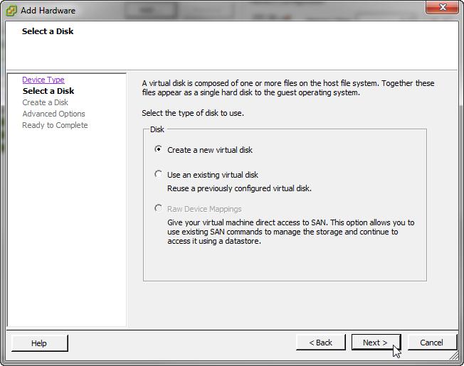 4. On the Select a Disk page select Create a new virtual disk.