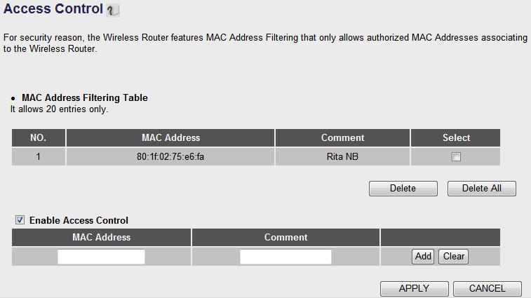 Up to 20 MAC addresses can be assigned by using this function. Click 2.4GHz Wireless or 5GHz Wireless on the left side of the Web management interface, then click Access Control.