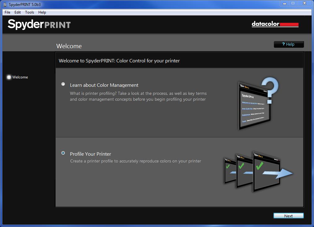 SpyderPRINT Software Welcome Screen When you run the SpyderPRINT software you will be greeted with the Welcome Screen.