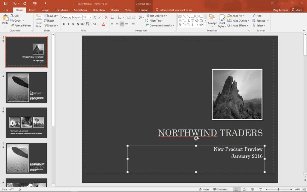 26 Lesson 2 Figure 2-6 Customizing the text on the first slide Photos courtesy of Microsoft Type a subtitle and date In Figure 2-6, and perhaps on your screen too, NORTHWIND has a wavy red underline,