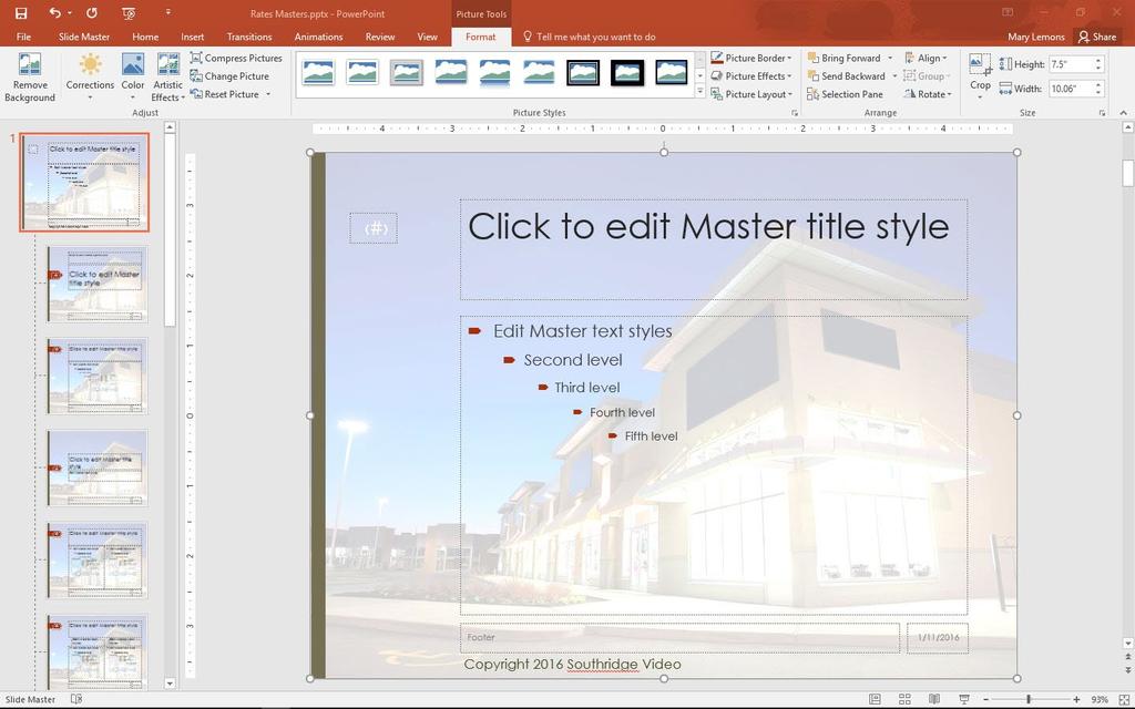 86 Lesson 4 11. Click the Slide Master thumbnail at the top of the left pane and then in the right pane, click the leaf graphic on the left side of the slide to select it.