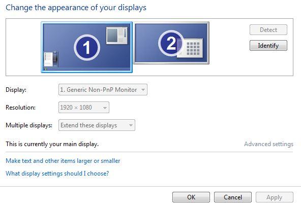 To set the resolution of a particular monitor, click on it (1 or 2) then use the resolution drop-down menu.