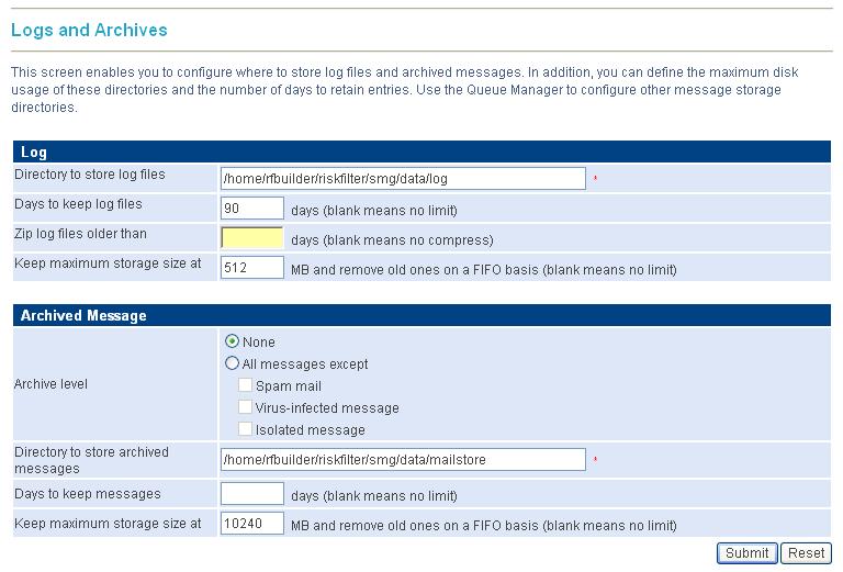 2 SYSTEM SETTINGS General LOGS AND ARCHIVES SurfControl RiskFilter stores messages that have been isolated. Initially these messages will be stored in the default directory.