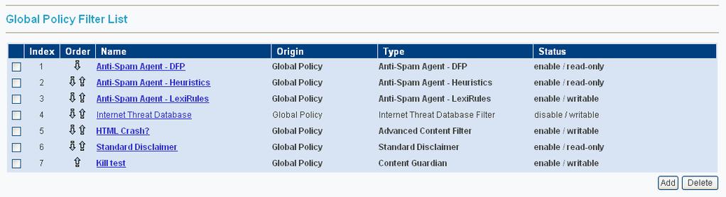 3 POLICY MANAGER Global Policy Message Attachment Filter Enables you to scan for maximum message size or specify the types of attachments that you want to filter.