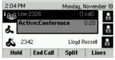 Conference Press the Confrnc softkey during a call (you may need to press More to see it) The active call is on hold Type the 3rd party number Press Send Speak to third