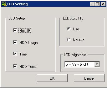 The following settings are available: LCD Setup LCD Auto Flip LCD brightness OK Cancel Select the item to be displayed on the LCD on the front side of