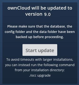 Note: If you have a large owncloud installation and have shell access, you should use the occ upgrade command, running it as your HTTP user, instead of clicking the Start Update button, in order to