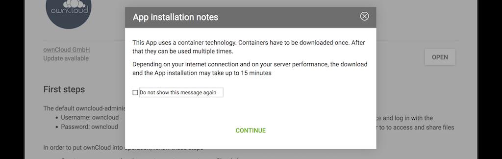 Before the upgrade starts, a prompt appears titled App Installation notes. This is nothing to be concerned about. So check the checkbox Do not show this message again. Then click CONTINUE.