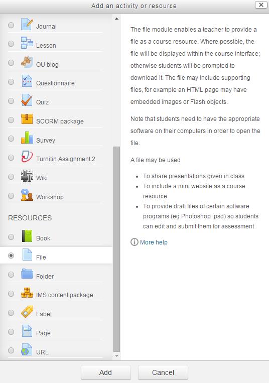 FIGURE 20. ACTIVITY AND RESOURCE MENU 13. If at step 4, you chose to Add an activity or resource, you will be presented with a range of choices (See Figure 24). 14.