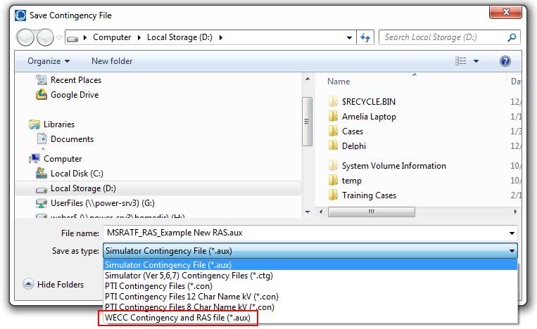 In the Save Dialog that then appears, the Save as Type drop-down should be changed to WECC Contingency and RAS file (*.