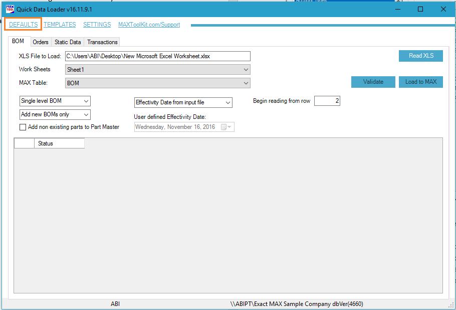 Defaults Specification Quick Data Loader provides the user with the capability to specify default values.