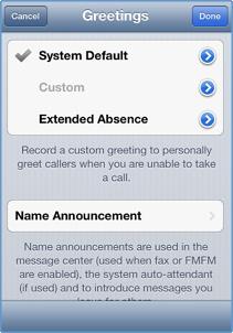 The options available are: System Default: The system default greeting cannot be modified, but when selected, it will play the following message to callers: Hello, the party you are trying to reach