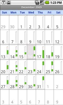 Calendar 145 Working in Month view Month view displays a chart of the events of the month. Segments of each day with scheduled events are green in the day s vertical bar.