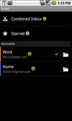 Email 181 Touch to open your Combined Inbox, with messages sent to all of your accounts. Touch to open a list of just your starred messages. Touch an account to open its Inbox.