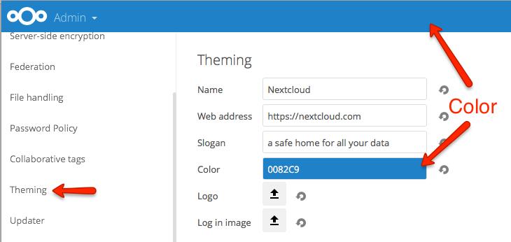 Theming In the administrative settings you can modify the appearance of Nextcloud: Name Web Address Slogan Color: The color of header bar, checkboxes and folder icon