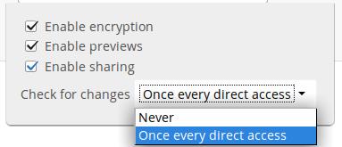 direct access) The Encryption checkbox is visible only when the Encryption app is enabled. Enable Sharing allows the Nextcloud admin to enable or disable sharing on individual mountpoints.