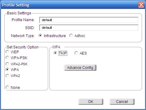 Select WPA/WPA2 under Set Security Option and then select TKIP or AES. 3. Click on Advanced Config to continue. 4. Next to EAP Type, select EAP-TLS, EAP-TTLS, or PEAP.