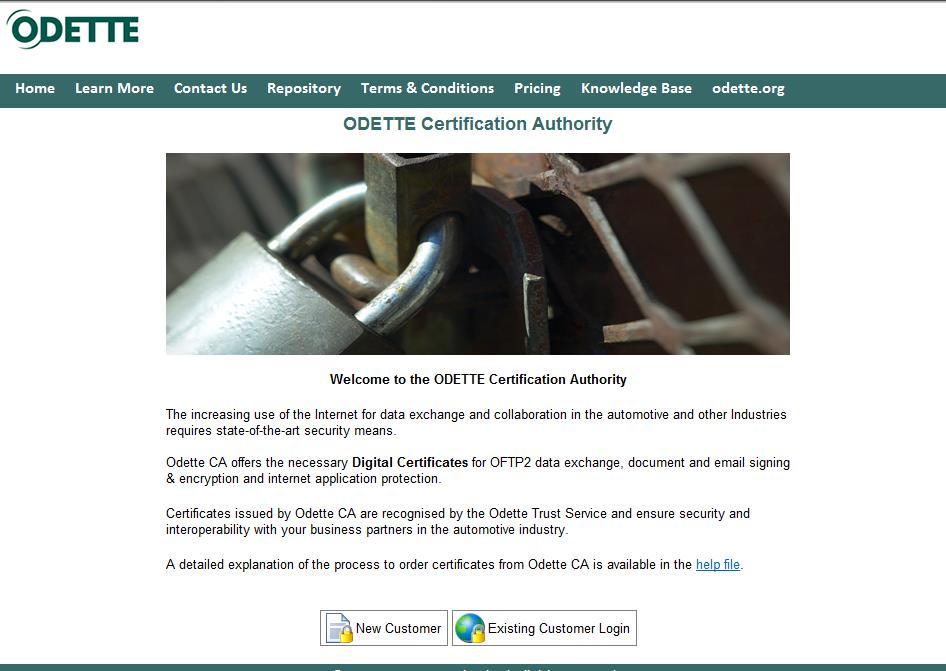 Log on to the Odette CA and start the order process Log on to the Odette CA web site via https://www.odetteca.