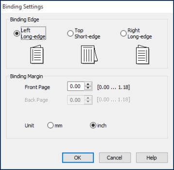 2. Click the Settings button. You see a window like this: 3. Select the double-sided printing options you want to use. 4. Click OK to return to the Main tab. 5.