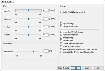 You see this window: 5. Select any of the extended settings to customize your print. 6. Click OK to close the Extended Settings window. 7. Click OK to close the printer software window.
