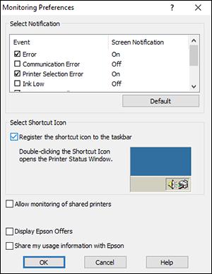You see this window: 2. To disable promotional offers, deselect the Display Epson Offers checkbox. Parent topic: Refilling Ink Purchase Epson Ink You can purchase genuine Epson ink and paper at epson.