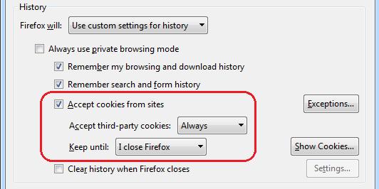 Ensure that Accept third-party cookies is configured for Always.