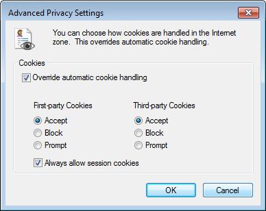 Ensure that Override automatic cookie handling is selected. Select Accept in the First-party Cookies, and Third-party Cookies columns. Also ensure that Always allow session cookies is selected.