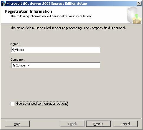 Chapter 2 Installing Blackbaud FundWare 7.50 5. At the Registration Information screen, as in Figure 2.8, uncheck the Hide advanced configuration options check box.