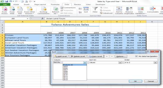 Sorting Data (in ascending order, A Z) From the pop-out window, click on the dropdown arrow next to sort by to
