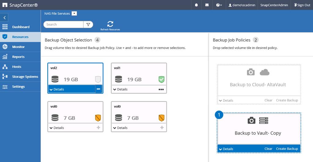 3.4 Protect the New Volume with the New Policy 1. If not logged in already, log into SnapCenter as demo\scadmin with password Netapp1!. 2. On the left-hand navigation bar click Resources. 3.
