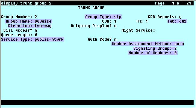 5.6. Trunk Group Use the add trunk-group command to create a trunk group for the signaling group created in Section 5.5. For the compliance test, trunk group 2 was configured using the parameters highlighted below.