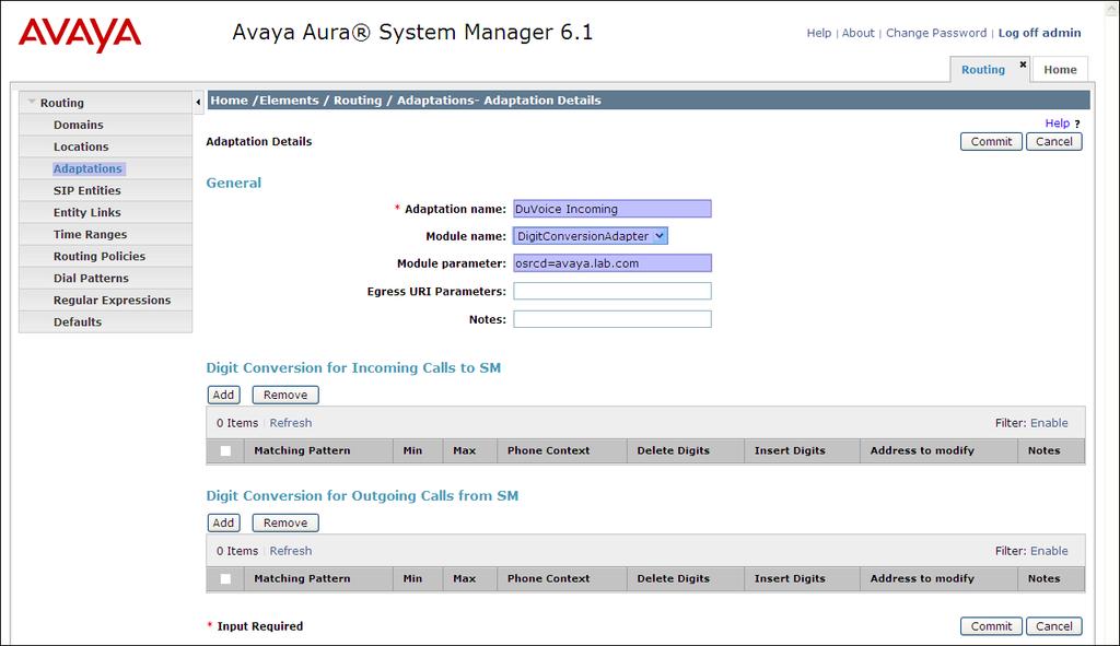The adaptation named DuVoice Incoming shown below will later be assigned to the SIP Entity for calls destined to Avaya Aura Communication Manager.