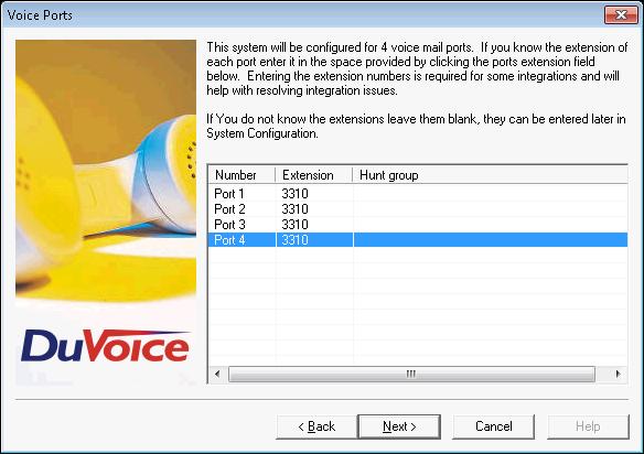 The Voice Ports screen is displayed next. Under the Extension column for each port number, enter the hunt group pilot number configured in Section 5.8.