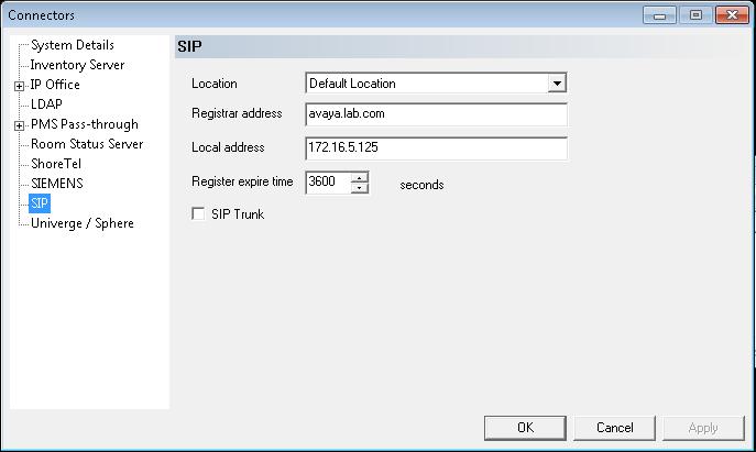 Select SIP from the left pane, the SIP screen for Connectors is displayed next. For the Registrar address enter the SIP domain name defined under Section 6.2.