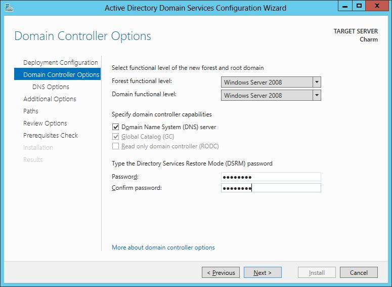 Domain Controller Options We can choose the forest functional level. We only have 2008 and 2012 servers, so we pick that stage. If we had 2003, 2008 and 2012 servers, we could opt for 2003 servers.