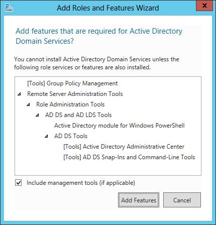 We annotate the Active Directory Domain Services checkbox and press the