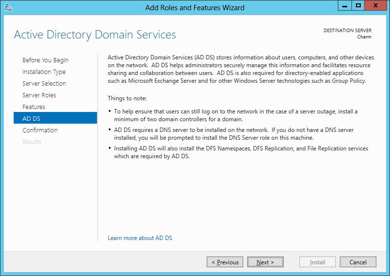 Active Directory Domain Services The Active Directory Domain Services window will