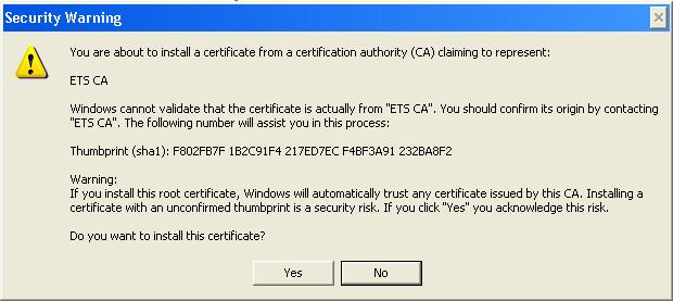 5 Select Yes on the security warning, as